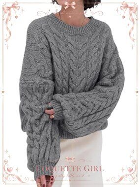 Oversized Cable Knit Sweater Balloon Sleeve Crew Neck Pullover
